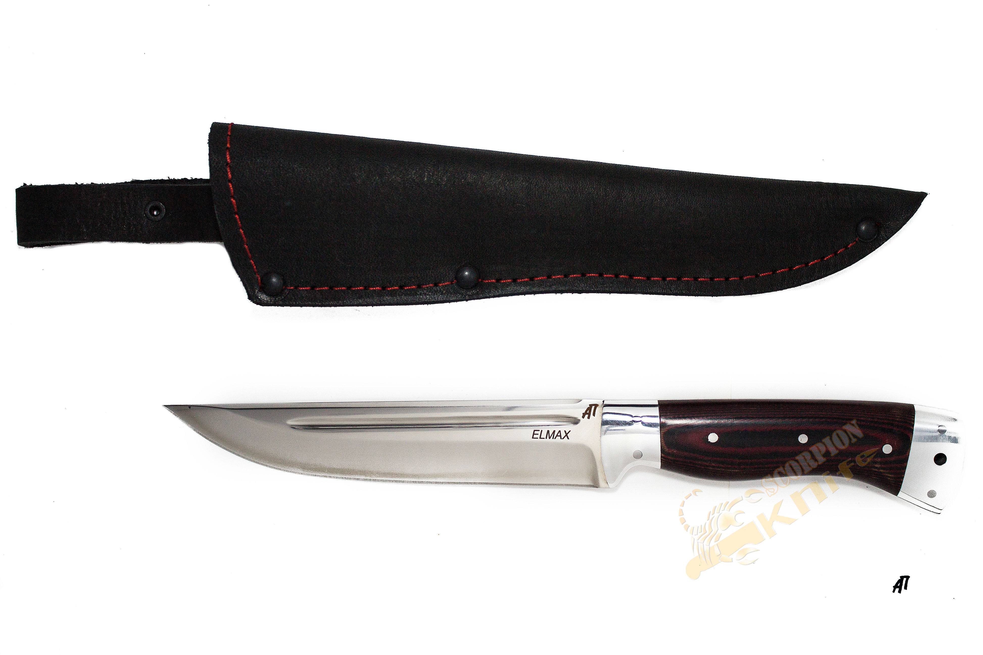 Нож Волк сталь ELMAX цельнометаллический с долом, накладки G10 красное на чёрном