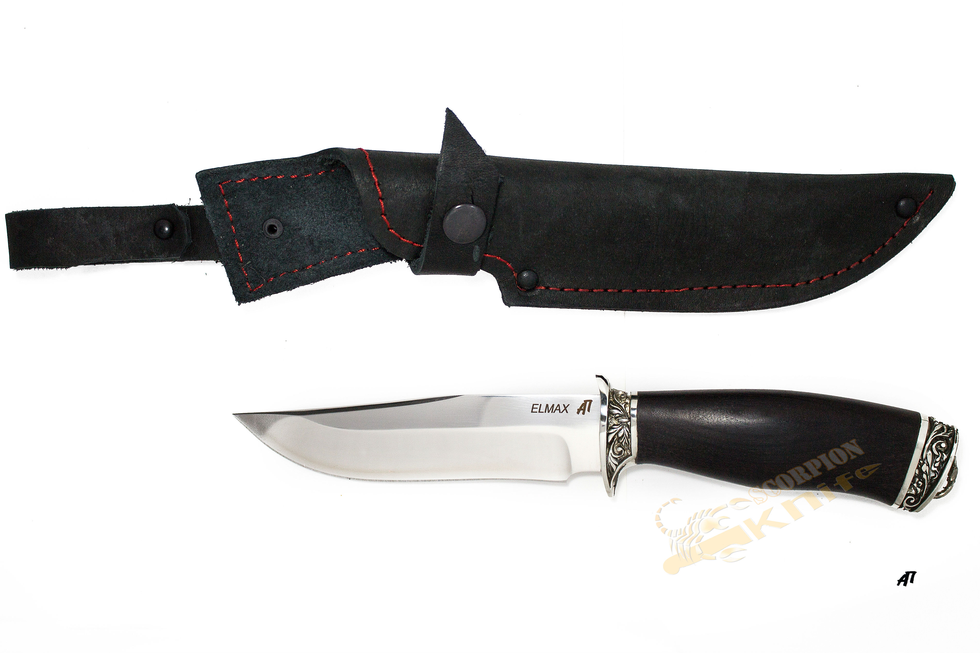 Нож Охотник сталь ELMAX, рукоять стабилизированный граб (чёрный), литьё мельхиор
